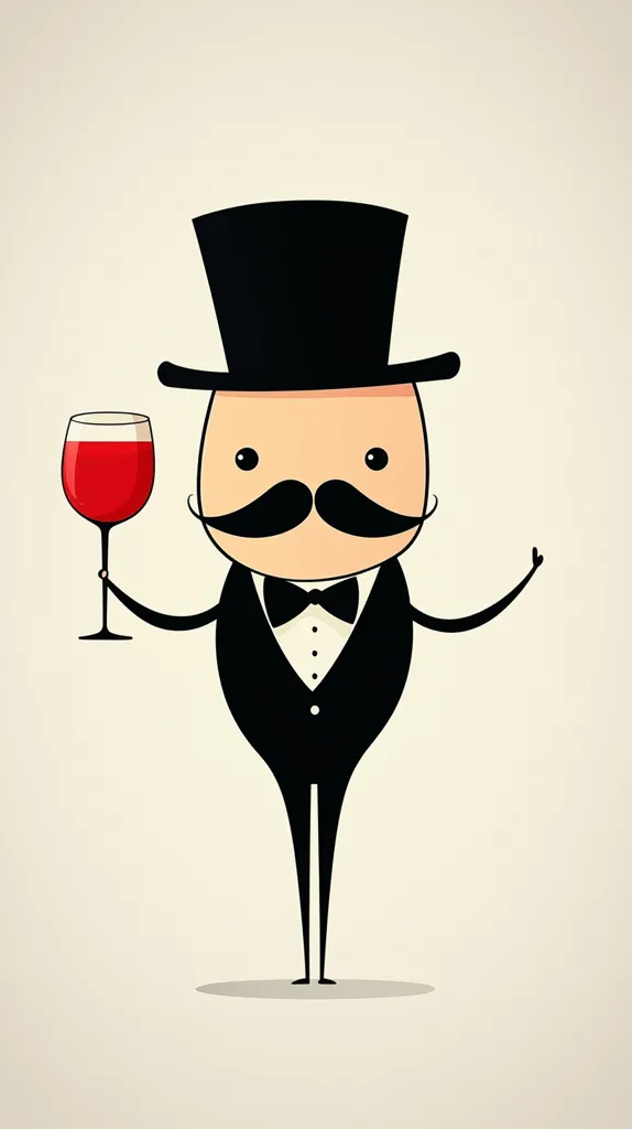 A cartoon gentleman, sporting a top hat, tuxedo, and impressive mustache, holds a glass of red wine.  His simple, yet elegant design conveys a sense of sophistication and charm. He gestures subtly with one hand, adding to his distinguished demeanor. The minimalist background enhances the character's unique style.