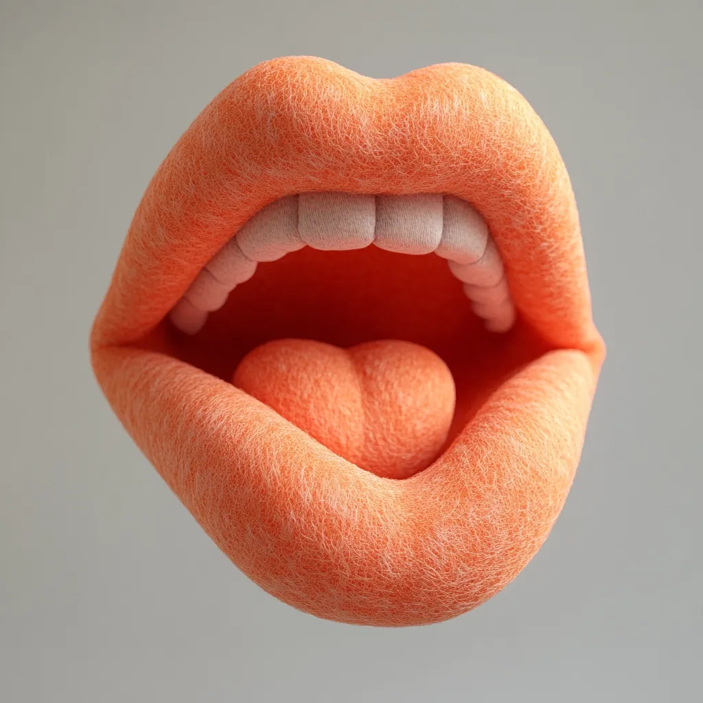 A close-up image showcases a large, open mouth sculpted from a fuzzy, peach-colored material.  The lips are full and slightly parted, revealing a row of small, off-white teeth and a textured tongue matching the lip color.  The overall texture appears soft and plush, giving the image a surreal and slightly unsettling quality.