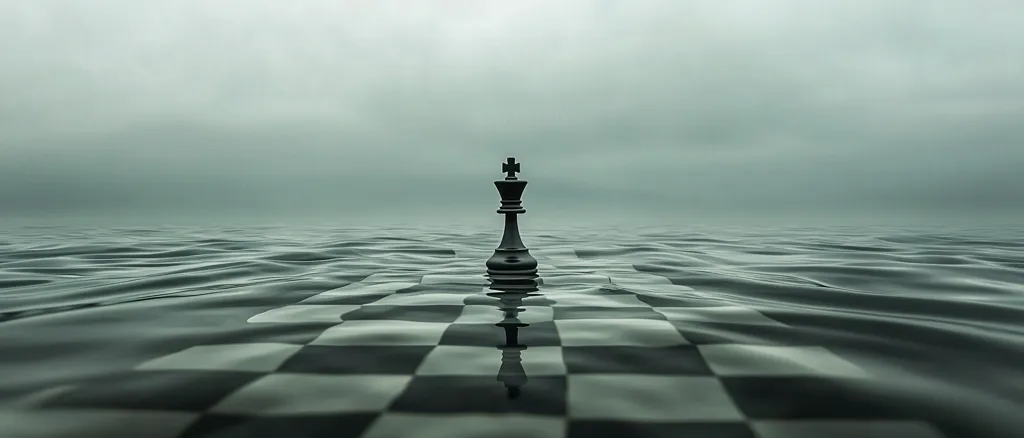 A black chess king stands alone on a partially submerged chessboard in a vast, grey ocean.  The water is calm but slightly wavy, creating a somber and contemplative mood. The sky is overcast, mirroring the dark tones of the chess piece and the water. The scene evokes themes of isolation, vulnerability, and the struggle for dominance in a challenging environment.