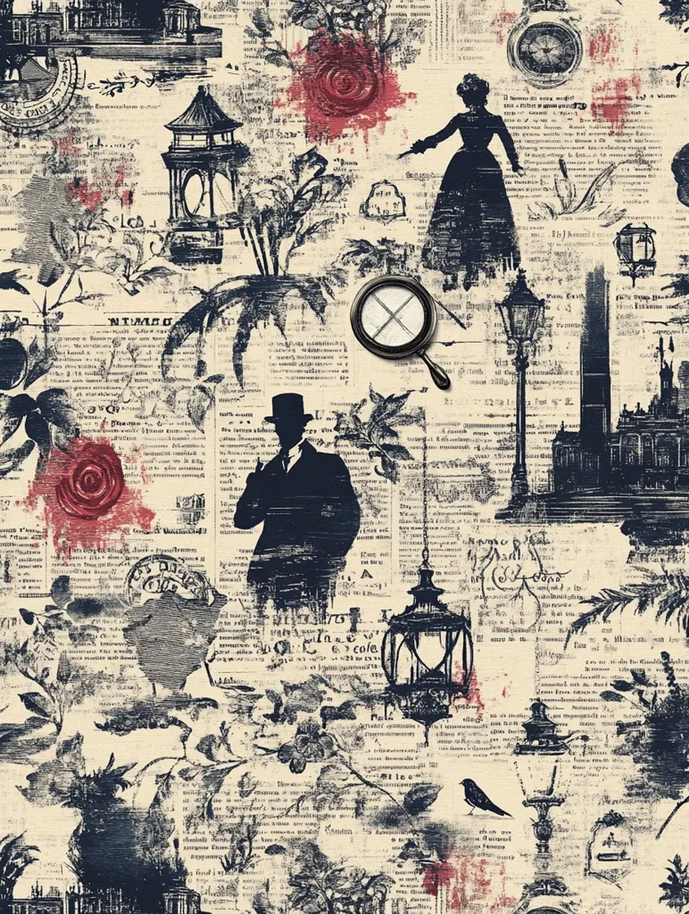 A vintage-style design features a collage of newspaper clippings, silhouettes of a man in a top hat, a woman in a long dress, and various Victorian-era objects.  Red splotches add a dramatic effect to the cream-colored background.  Images of lanterns, a magnifying glass, and architectural details suggest a mystery or detective theme.  Floral elements and birds are interspersed throughout the design, creating a richly textured and detailed aesthetic.