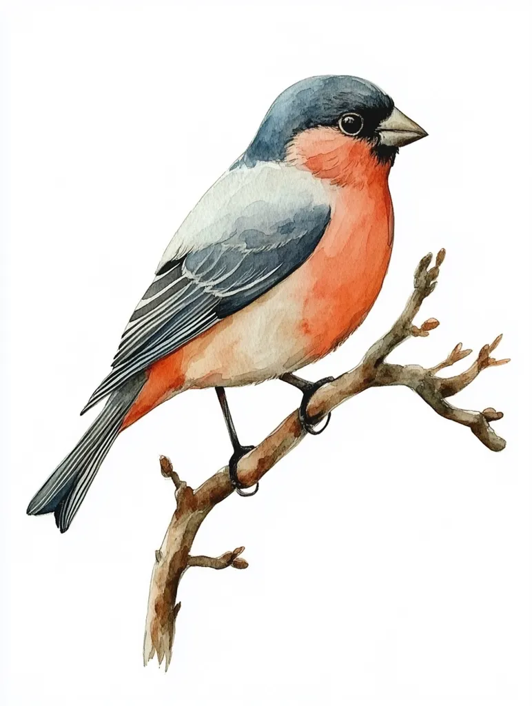 A watercolor painting depicts a male Eurasian bullfinch perched on a slender branch.  Its plumage is meticulously rendered, showcasing the vibrant reddish-orange breast, grey-blue wings, and dark head.  The branch is detailed with small buds, adding to the naturalistic feel. The bird is presented against a stark white background, highlighting its colors and form. The overall style is delicate and realistic.