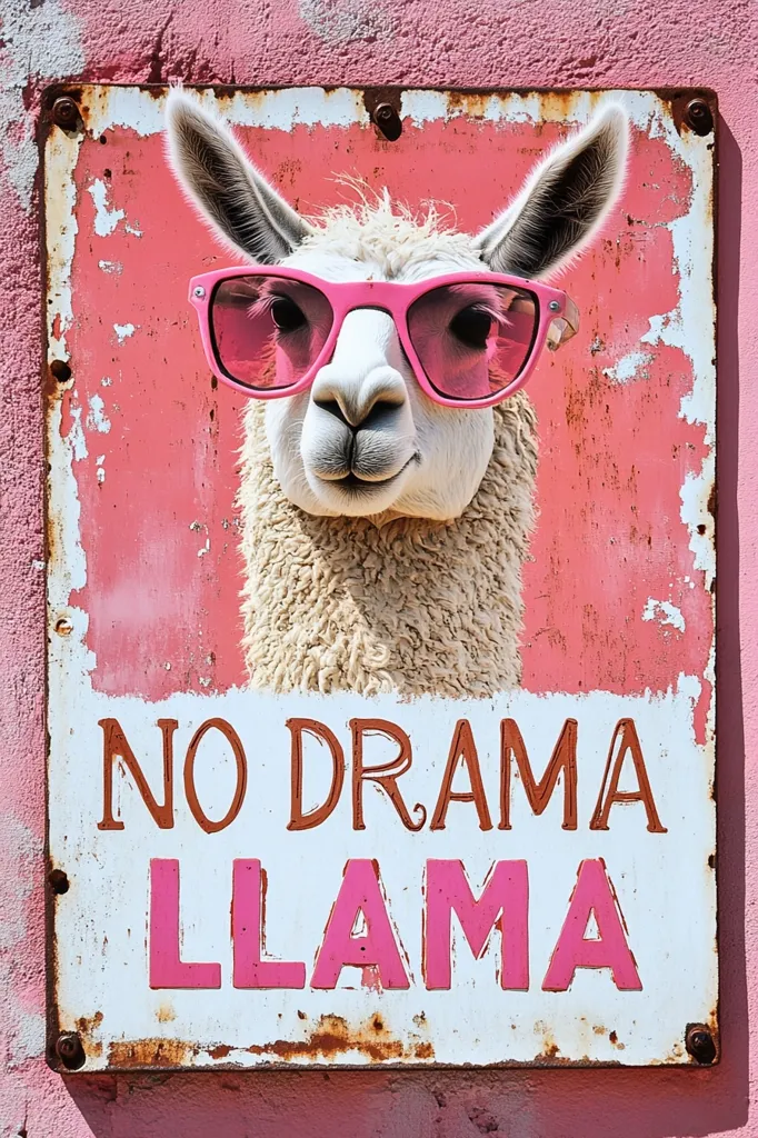 A rusty metal sign features a llama wearing pink sunglasses against a pink background.  The sign's text proclaims "NO DRAMA LLAMA" in a stylized font, with "LLAMA" in pink.  The overall aesthetic is whimsical and slightly distressed, suggesting a vintage or retro feel. The image is playful and humorous.