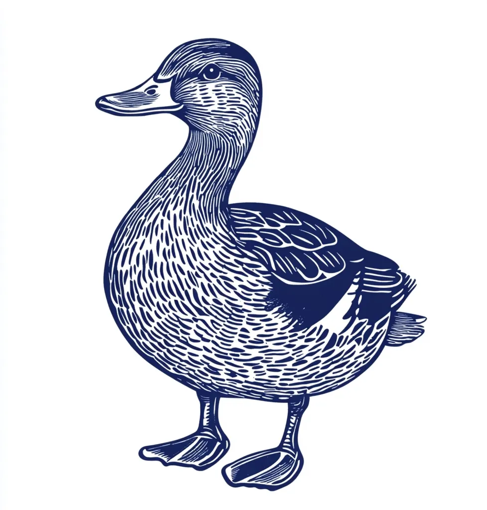 A detailed line drawing of a duck, rendered in navy blue ink. The style evokes vintage woodblock prints.  The duck is depicted in profile view, showcasing its feathered body and webbed feet.  Its head is slightly turned, creating a sense of movement. The intricate detailing of its plumage is striking against the white background.