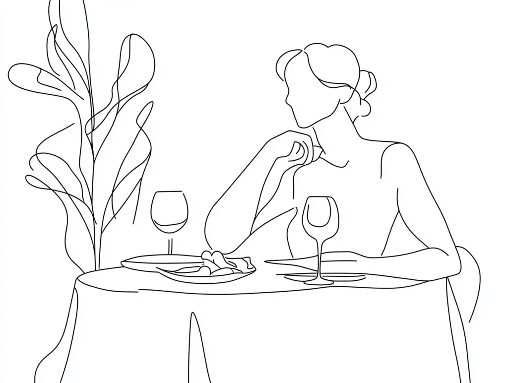 A minimalist line drawing depicts a woman seated at a table, elegantly poised.  She rests her hand near her chin, gazing thoughtfully. A plate of food and wine glasses are on the table, suggesting a solitary dining experience.  A stylized plant adds a touch of ambiance. The simple lines create a serene and sophisticated atmosphere.