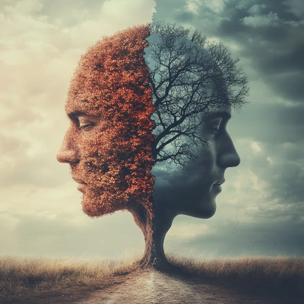 A surreal image depicts a face split into two halves, each representing contrasting states of being. One side is a vibrant autumnal tree, symbolizing life and growth; the other, a stark, bare tree, representing death or dormancy.  The faces are in profile, gazing in opposite directions, suggesting a duality of nature or inner conflict. The background shows a tranquil landscape, highlighting the juxtaposition of internal and external worlds.