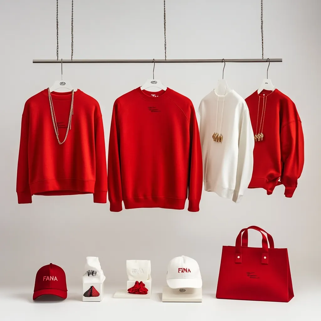A minimalist fashion display features red and white sweatshirts, adorned with delicate necklaces.  Matching red baseball caps and a tote bag complete the collection.  Small accessories, including hair clips, are artfully arranged below.  The overall aesthetic is clean, modern, and monochromatic, emphasizing the brand's logo subtly displayed on the garments and accessories.