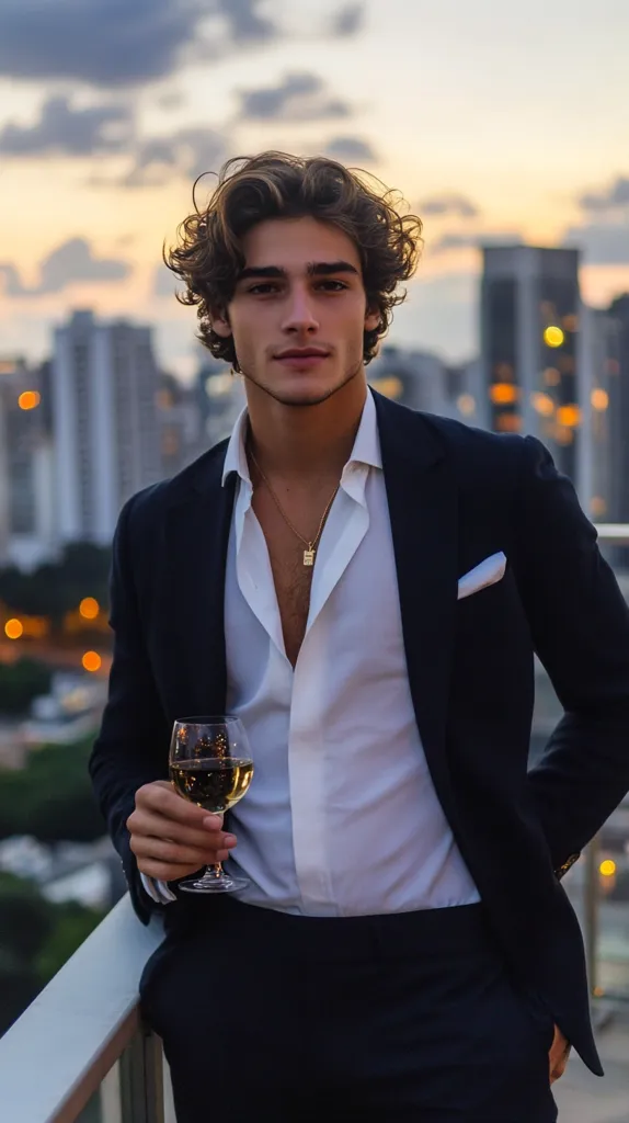 A young man with curly brown hair is elegantly dressed in a navy blue suit and crisp white shirt. He holds a glass of white wine, standing on a balcony overlooking a cityscape at sunset.  His confident pose and stylish attire create a sophisticated and alluring image.  A gold necklace adds a subtle touch of refinement.