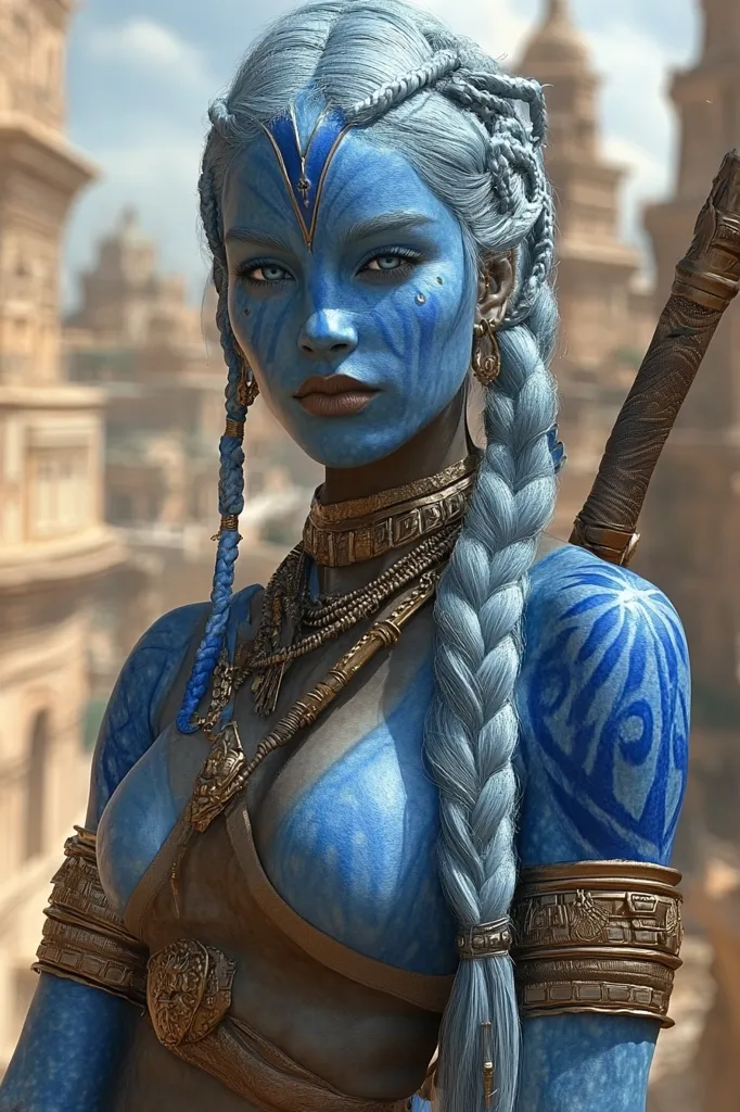 A digital portrait showcases a striking female figure, her skin painted vibrant blue with intricate patterns.  Her long, braided light blue hair complements her ornate gold jewelry, including a choker, necklaces, and armbands.  A sword rests on her shoulder.  The background hints at an ancient, possibly desert, civilization.  The overall aesthetic blends fantasy and science fiction elements.