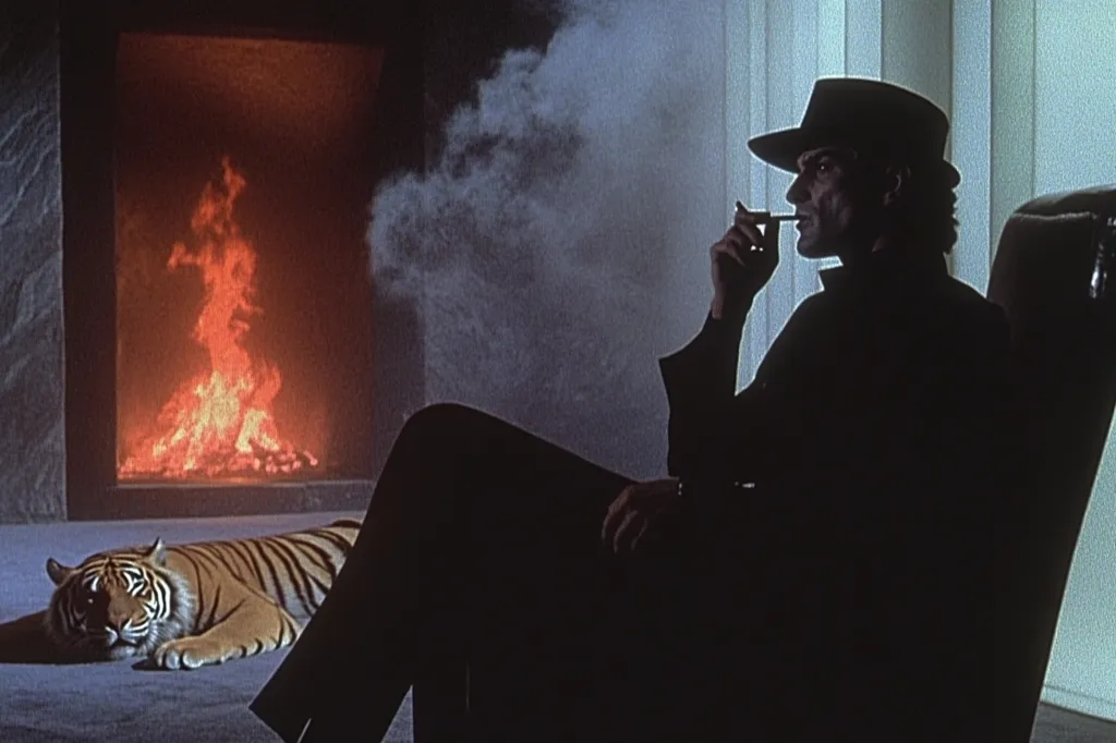 A man in a black suit and hat sits in a leather chair, smoking a cigar.  A roaring fireplace is behind him, and a tiger lies calmly on the floor nearby.  The scene is darkly lit, creating a dramatic and mysterious atmosphere.  Smoke curls around the man, adding to the overall mood.