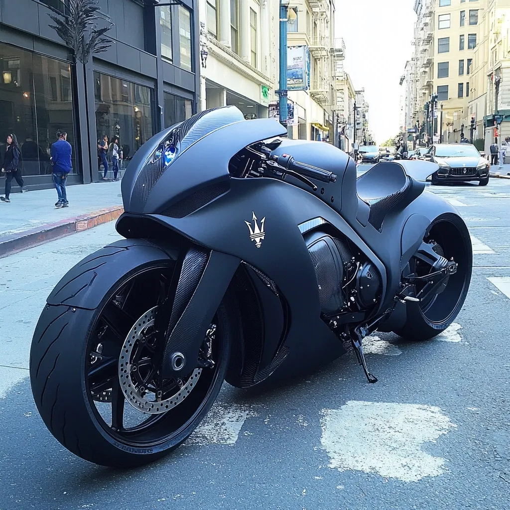 A custom-built, matte black sportbike dominates the frame, parked on a city street.  Its sleek, aerodynamic design features a prominent trident logo.  The motorcycle's large, wide tires and low profile suggest powerful performance. The background showcases a city street with buildings and cars, adding context to the image's urban setting.  The overall aesthetic is one of luxury and high-performance engineering.