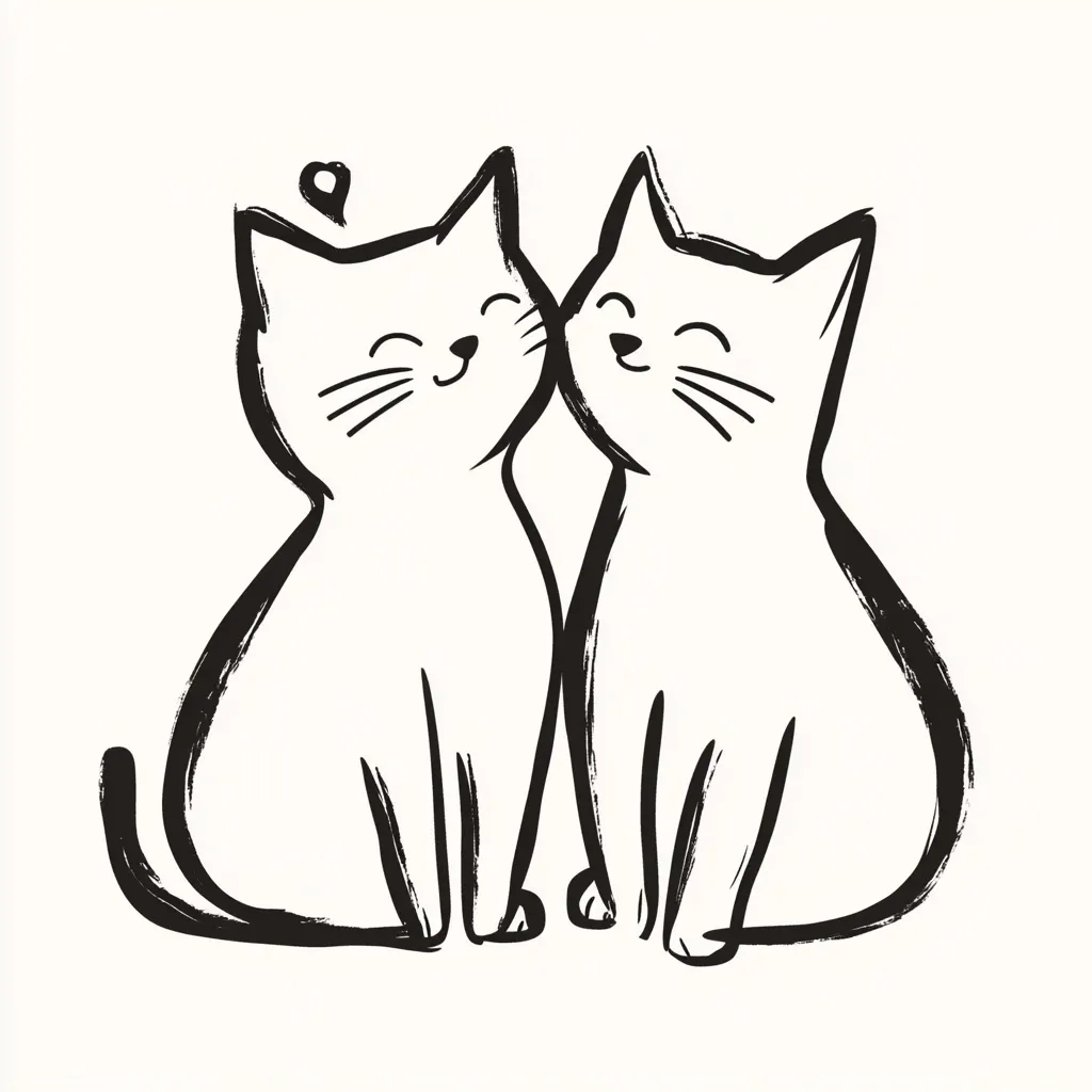 A charming illustration showcases two cats nestled closely together, their heads touching in an affectionate embrace.  Rendered in a simple, black ink style, the cats exhibit happy expressions, their eyes closed in contentment.  A small heart floats above them, symbolizing love and companionship. The artwork is minimalist yet evocative, capturing a tender moment between feline friends.