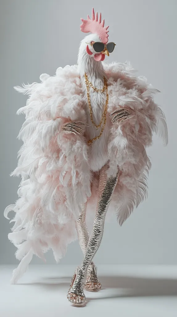 A rooster, fashionably attired, sports sunglasses and a voluminous pink feather boa.  Adorned with a gold chain necklace, it stands elegantly in shimmering silver leg coverings and matching high-heeled shoes. The image presents a humorous and surreal juxtaposition of animal and high fashion.