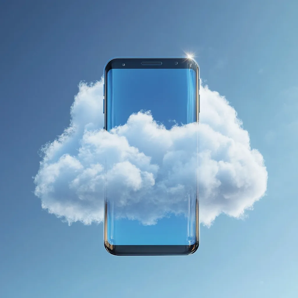 A smartphone is depicted seemingly embedded within a fluffy white cloud against a clear blue sky.  The phone's screen displays a reflection of the sky, symbolizing cloud storage or data connectivity.  The image is a visual metaphor for cloud computing and the seamless integration of mobile devices with online services.  The scene is clean, modern, and evocative of technological advancement.