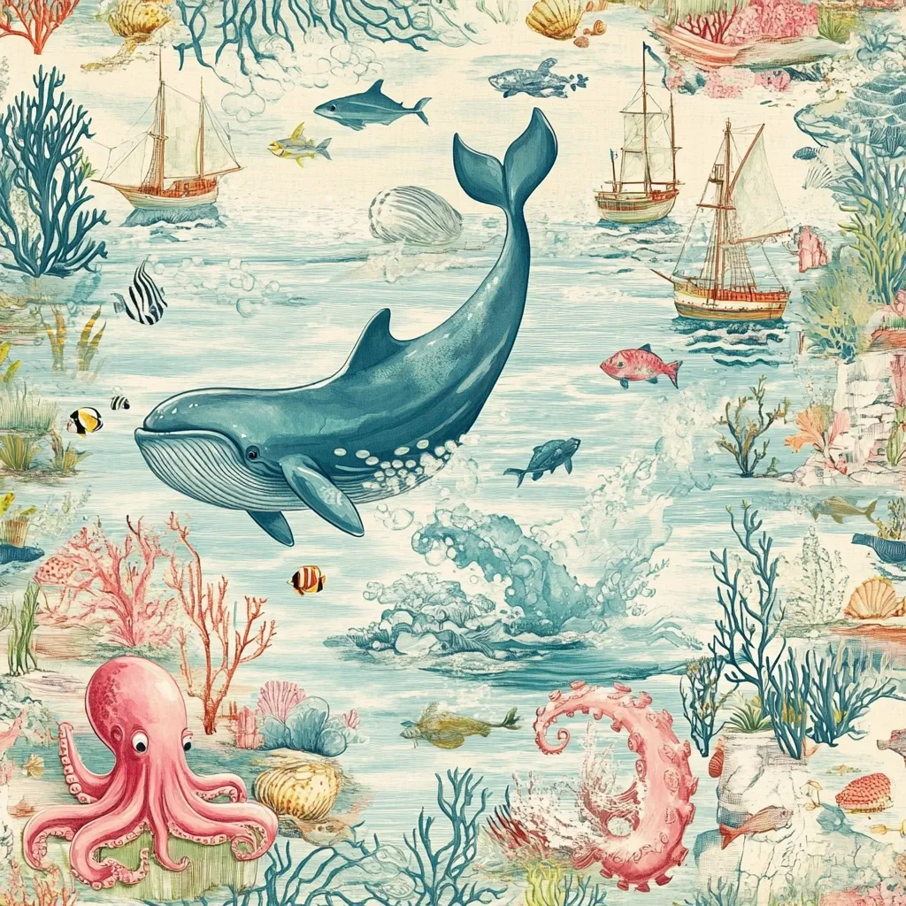 A whimsical underwater scene featuring a large whale swimming amidst coral reefs and sailing ships.  Pink octopuses, various fish, and vibrant coral decorate the ocean floor. The style is reminiscent of vintage botanical illustrations, with a soft color palette and detailed depictions of marine life.  The overall impression is one of peaceful underwater beauty and charming nautical adventure.