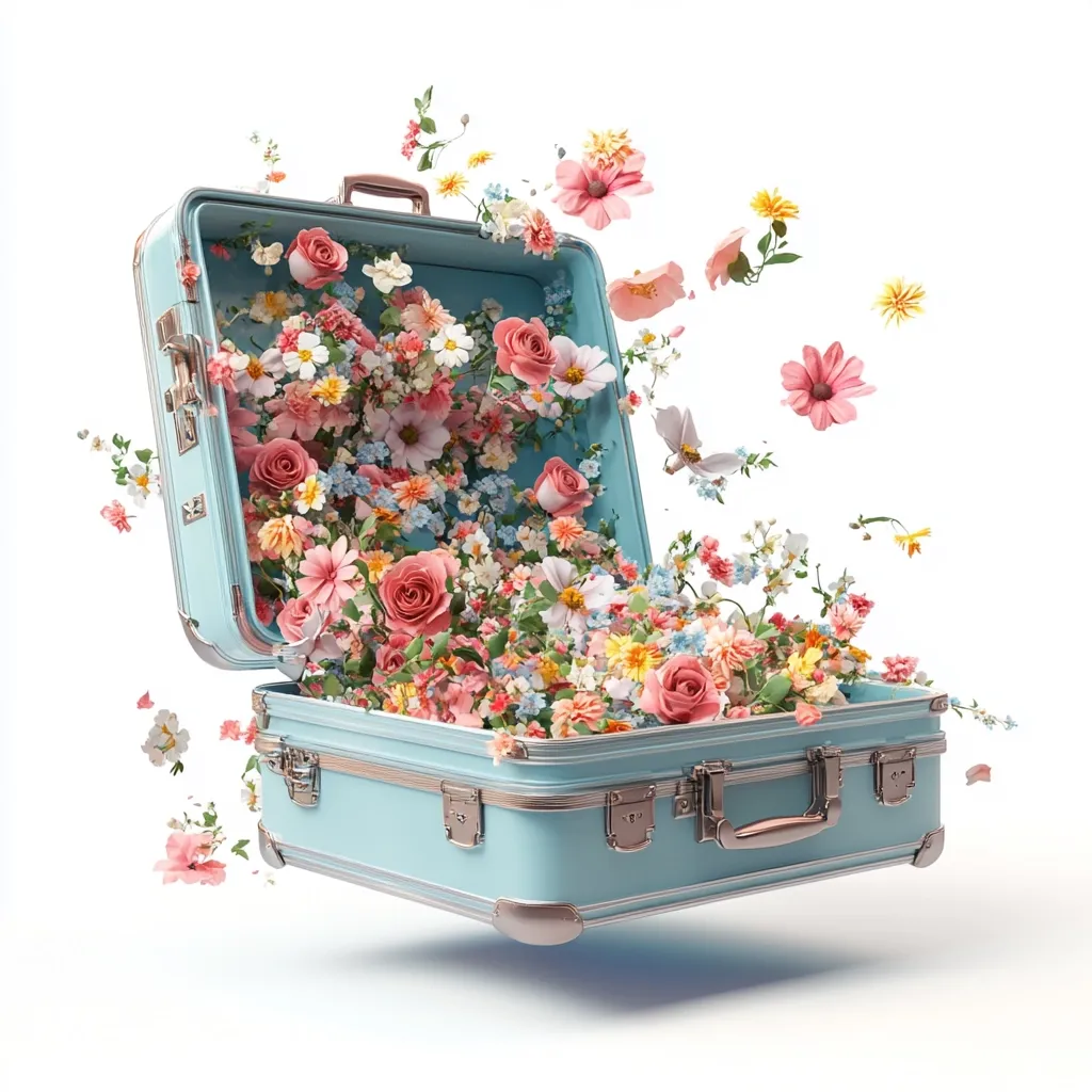 A light blue vintage suitcase overflows with a vibrant profusion of pink, white, and yellow flowers.  Petals and blossoms spill out and float around the open case against a stark white background, creating a whimsical and dreamy image suggesting travel, spring, or a blossoming adventure.  The scene is highly stylized and evokes a feeling of joy and lightness.