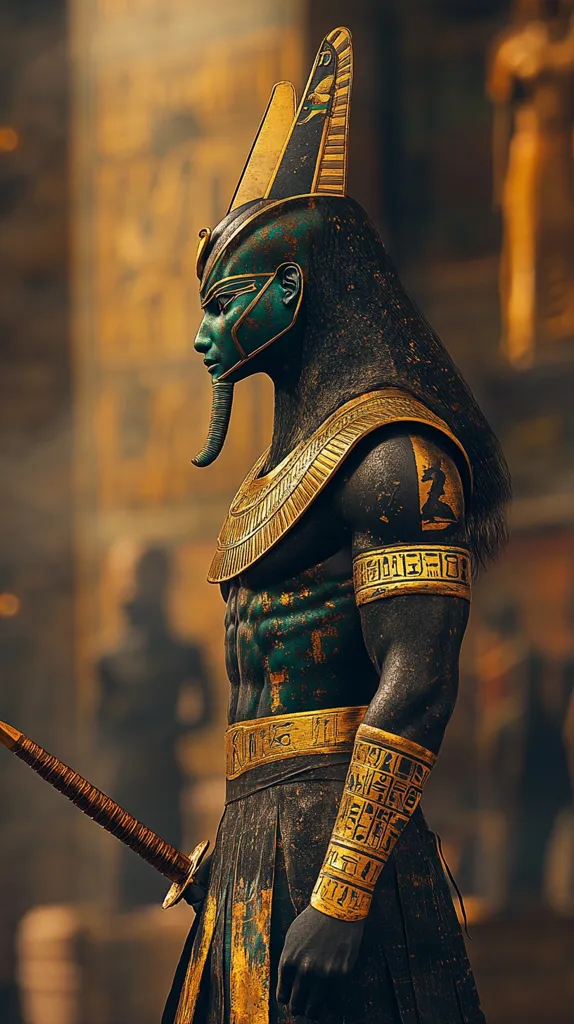 A digitally rendered image depicts a powerful figure, possibly a pharaoh, adorned in elaborate gold and teal attire.  The figure wears a tall headdress, intricate jewelry, and armbands inscribed with hieroglyphs. A sword is partially visible at their side. The background suggests an ancient Egyptian setting, enhancing the overall majestic and mystical atmosphere. The artwork's style is detailed and realistic, creating a visually striking representation.