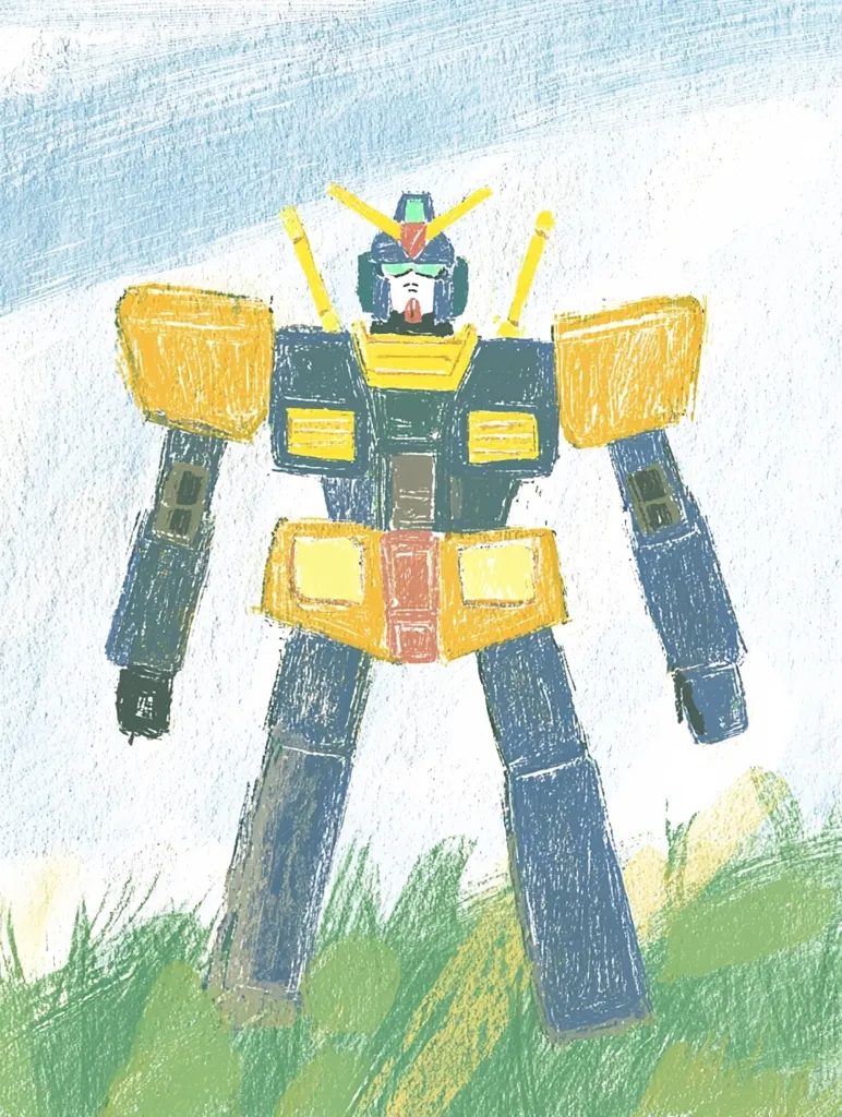 A stylized illustration depicts a mecha, possibly a robot or Gundam, standing in a field of grass.  The robot is predominantly blue and yellow, with bold, childlike brushstrokes giving it a textured appearance. Its design features a cockpit and large, blocky limbs. The background is a simple, light blue sky.  The overall style evokes a sense of nostalgic cartoon imagery.