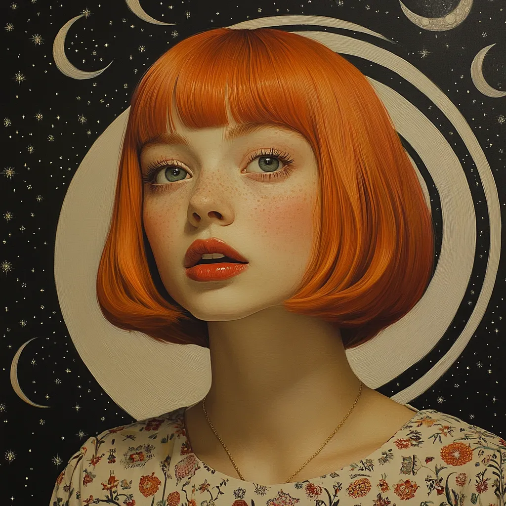 A portrait of a young woman with vibrant orange, chin-length bobbed hair.  She has fair skin, freckles, and green eyes.  She wears a floral dress and a delicate gold necklace. The background is a stylized night sky with crescents and swirling patterns, creating a dreamy, ethereal atmosphere. The painting style is realistic and detailed, emphasizing soft textures and subtle light.