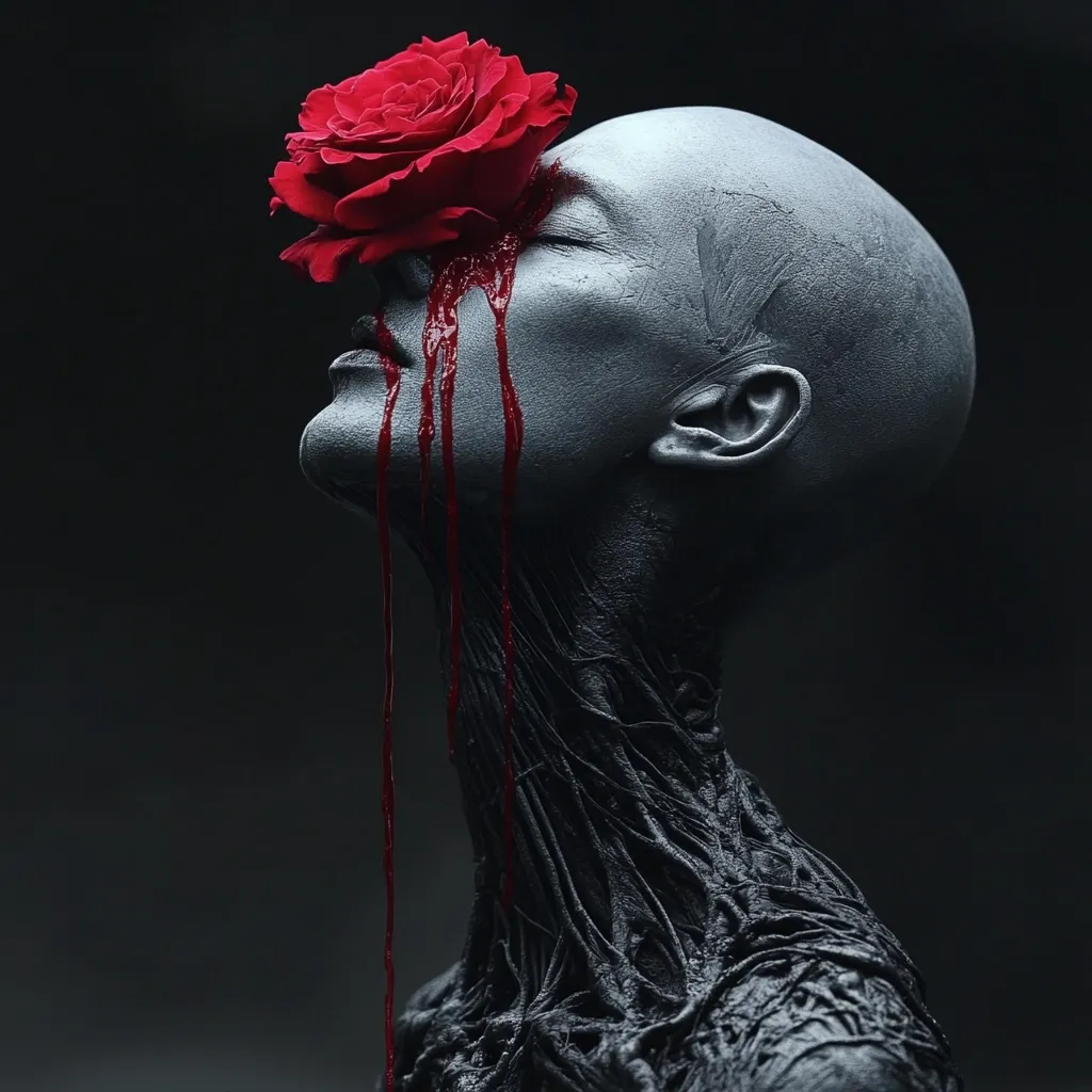 A dramatic close-up reveals a bald figure with ashen skin, adorned with a vibrant red rose covering one eye.  Crimson streaks, resembling blood, flow down the face and neck, contrasting sharply with the dark, textured skin. The overall aesthetic is dark and surreal, evoking a sense of gothic artistry and macabre beauty.