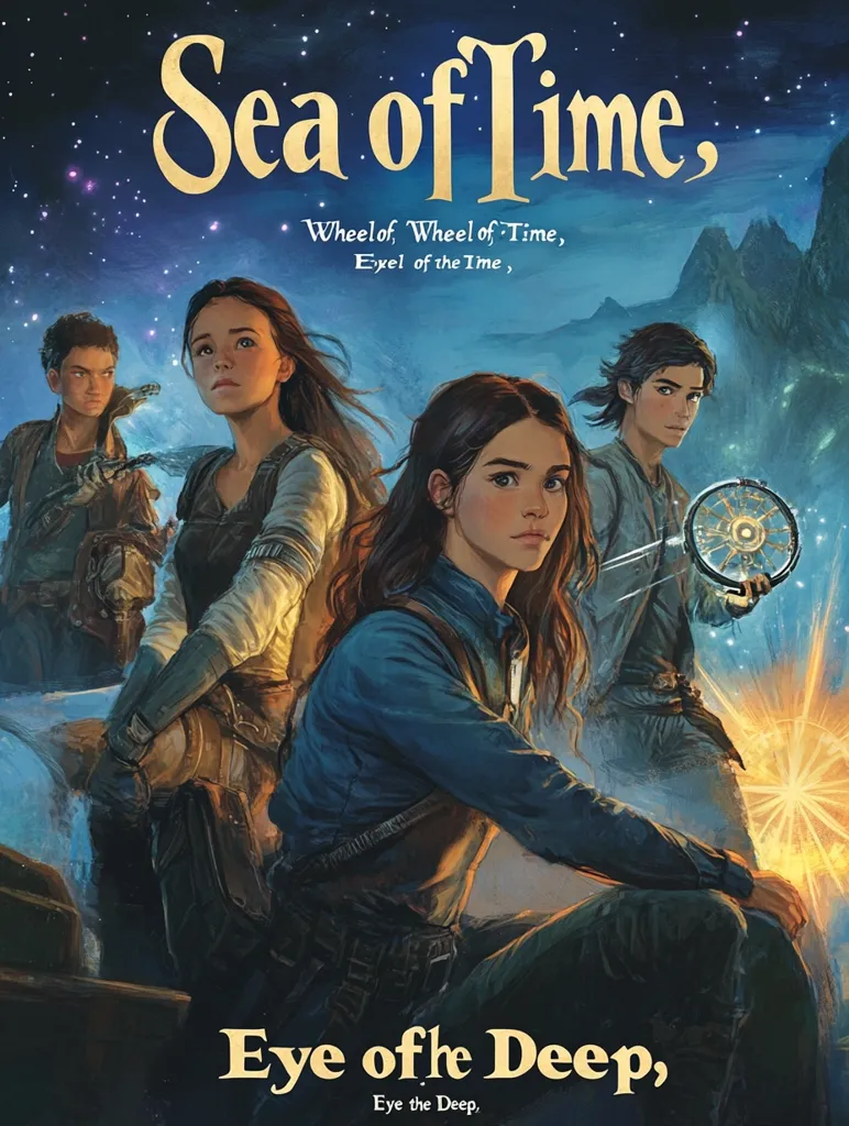 The book cover art for "Sea of Time, Eye of the Deep" depicts four young adventurers on a boat at night under a starry sky.  The central figure is a girl with long brown hair, dressed in dark clothing, possibly a vest and pants.  Two other girls and a boy, dressed in similar styles, are with her.  A celestial object, possibly a wheel or compass, is visible in the background. The title text is in a stylized font, reminiscent of fantasy literature.