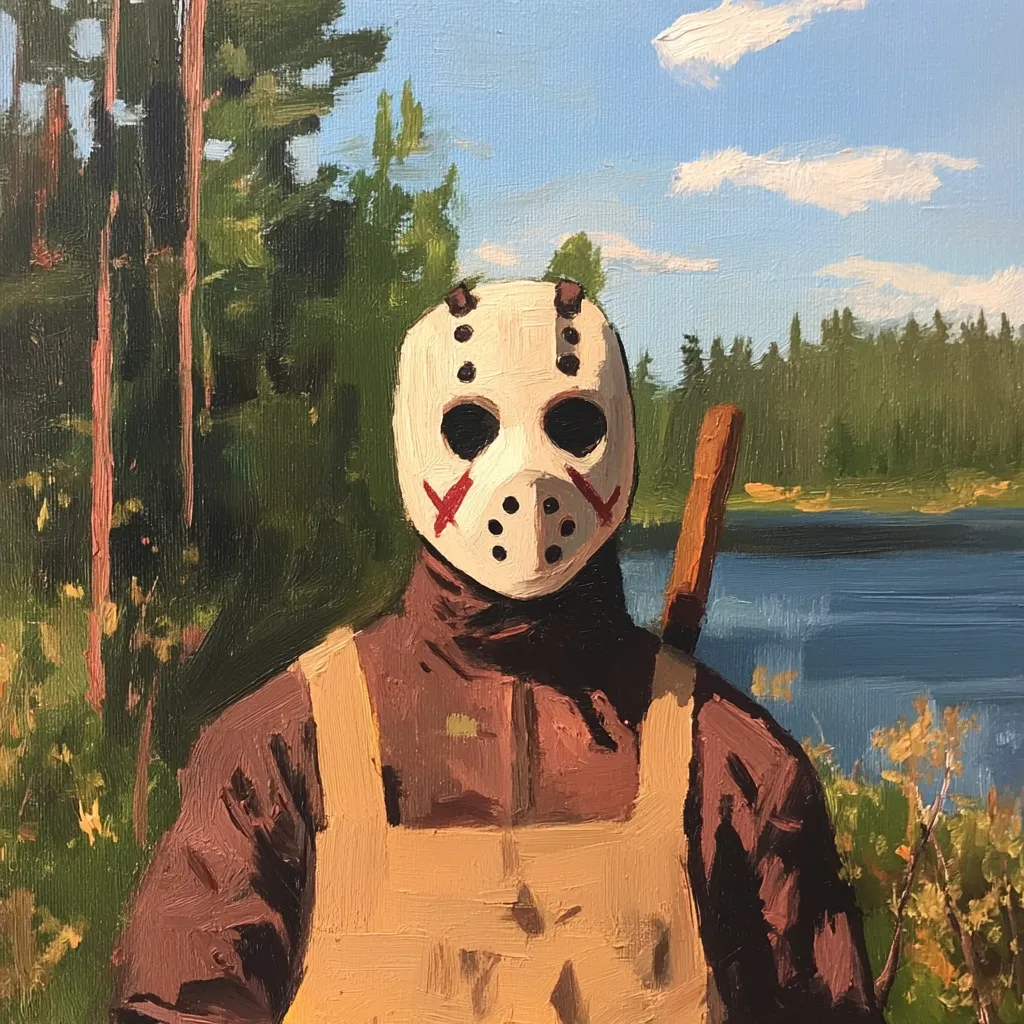A stylized oil painting depicts a figure wearing a Jason Voorhees hockey mask and a tan work apron.  The individual stands before a tranquil lake and dense forest, creating a jarring juxtaposition of horror iconography and serene landscape. The painting utilizes thick brushstrokes and muted colors, emphasizing texture and mood.  The overall effect is both unsettling and aesthetically pleasing.