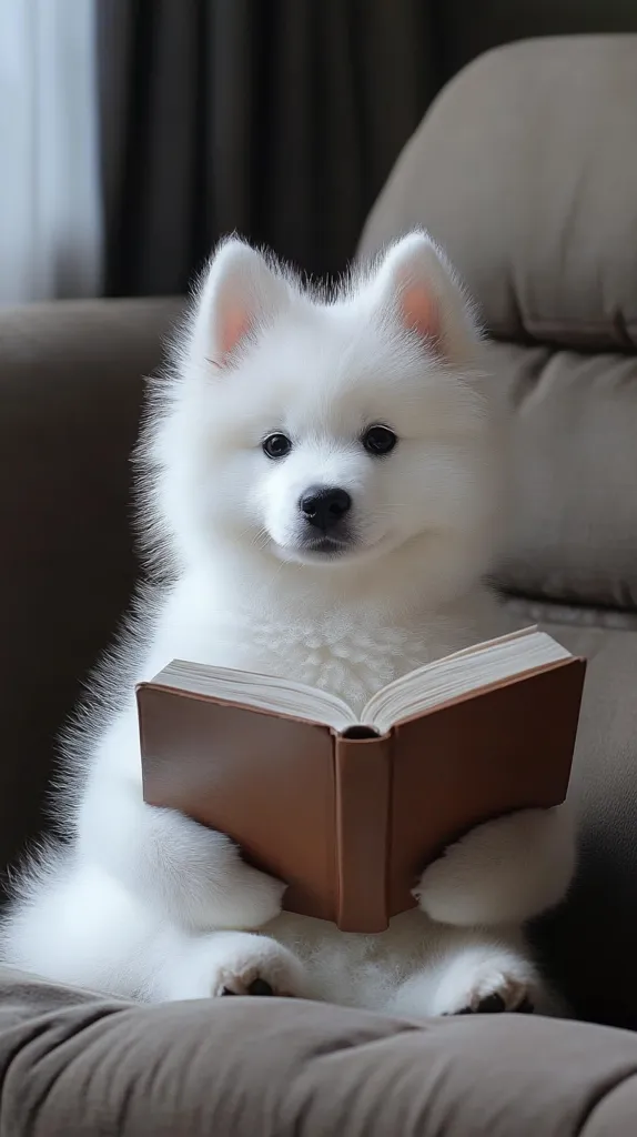 A fluffy white Samoyed puppy sits on a brown couch, attentively holding a brown book in its paws.  Its large, expressive eyes peer out from the book, creating a charming and endearing image. The puppy appears to be engrossed in its "reading," presenting a heartwarming scene of innocent curiosity.  The soft lighting and neutral background enhance the overall cuteness of the puppy.