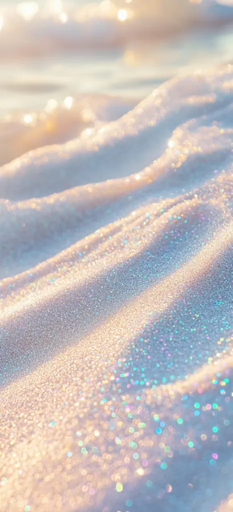 A close-up shot reveals a textured surface resembling sparkling sand or snow, bathed in soft, warm light.  The iridescent glitter creates a dreamy, ethereal effect, with subtle color variations of pastel pinks, blues, and purples.  The gentle undulations of the surface suggest a flowing, fluid movement, evoking a sense of calm and tranquility.
