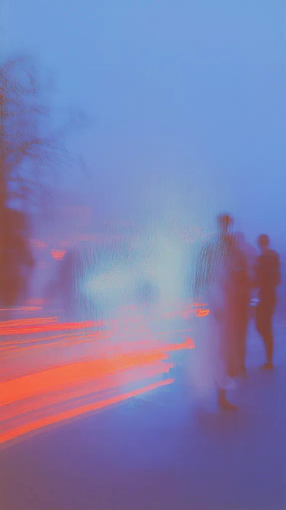 Blurred figures of people walk on a street at dusk or dawn.  The sky is a soft blue, and the ground is washed in purple and orange hues from the light trails of passing cars. The image is dreamlike and ethereal, with a focus on the atmosphere rather than sharp details.  The overall feeling is one of mystery and quiet movement.