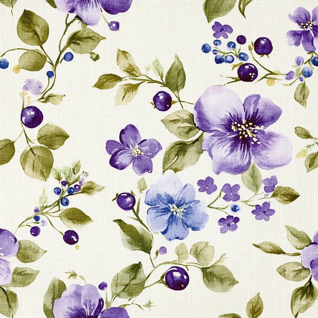 A watercolor floral pattern features delicate purple and blue flowers interspersed with green leaves and dark purple berries. The flowers vary in size and shape, creating a whimsical, romantic feel. The design is set against a light beige linen-like background, giving it a soft, textured appearance.  The overall effect is one of charming, subtle elegance.