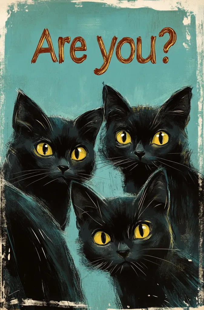Three black cats with bright yellow eyes peer from behind a teal background.  The text "Are you?" is superimposed, creating a playful and slightly mysterious mood. The artistic style is painterly, with visible brushstrokes adding texture. The cats' expressions are curious and engaging, inviting interaction from the viewer.  The overall effect is both whimsical and slightly spooky.
