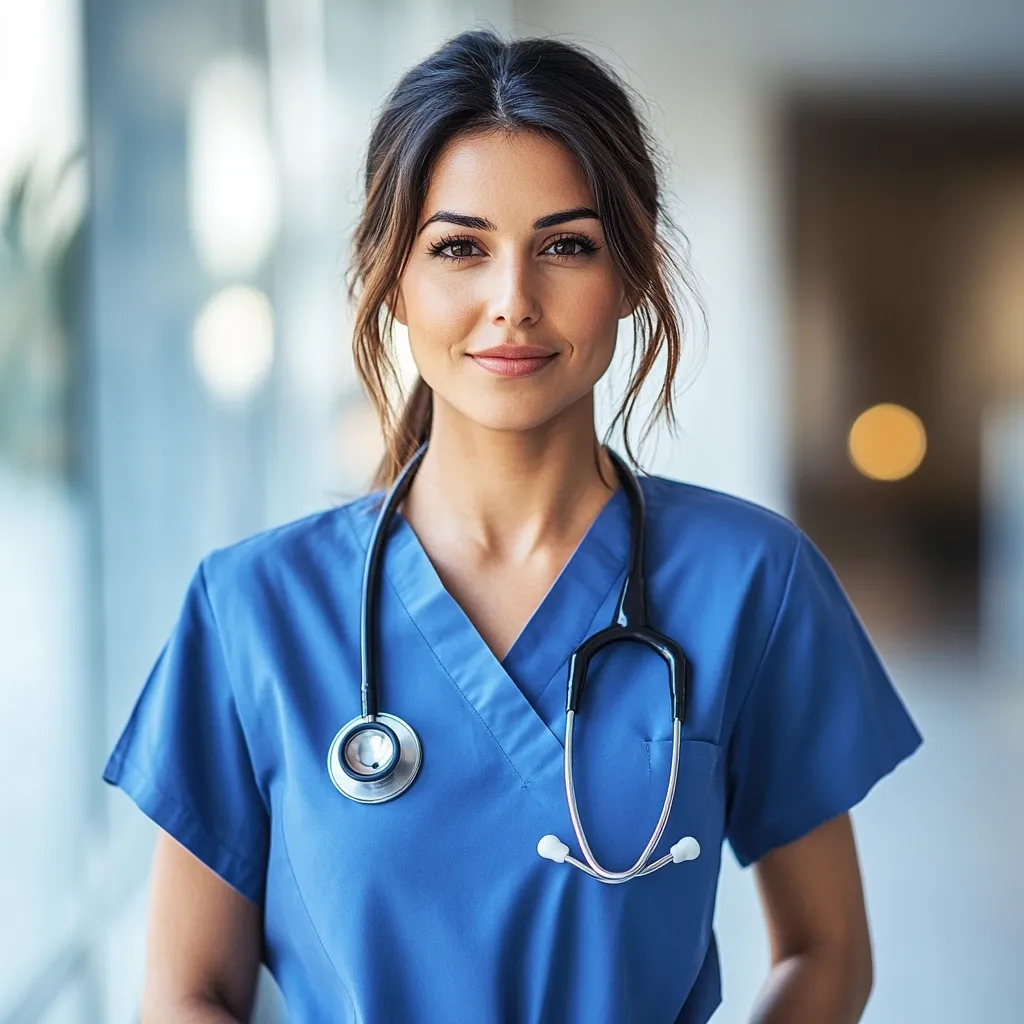 A young, attractive female doctor or nurse with a friendly smile stands in a hospital hallway.  She wears a bright blue scrub top and a stethoscope around her neck. Her hair is pulled back, revealing a pleasant face. The background is blurred, emphasizing the subject.  She projects competence and approachability.