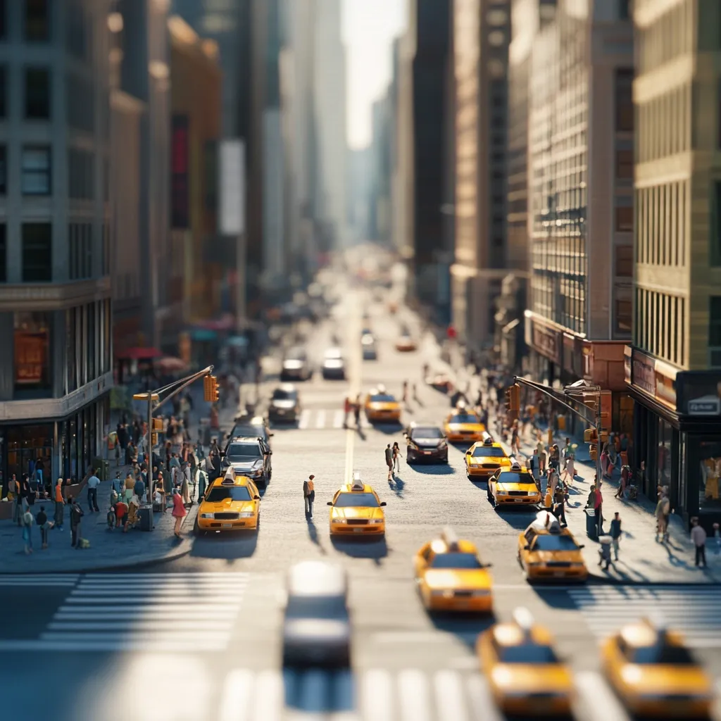 A miniature-style depiction of a bustling New York City street.  Yellow cabs are interspersed amongst other vehicles, with pedestrians traversing sidewalks lined with tall buildings.  The perspective creates a sense of depth, showcasing the city's vibrant energy and iconic architecture.  The scene is bathed in sunlight, enhancing the overall lively atmosphere.