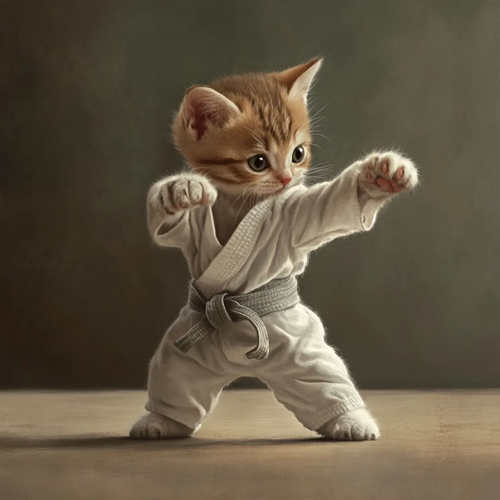 An adorable ginger kitten, dressed in a miniature white karate gi with a grey belt, strikes a powerful karate pose.  Its tiny paws are balled into fists, showcasing a fierce yet cute expression. The kitten is the focal point against a muted background, creating a charming and humorous image. The artistic style suggests a painting or highly realistic digital art.