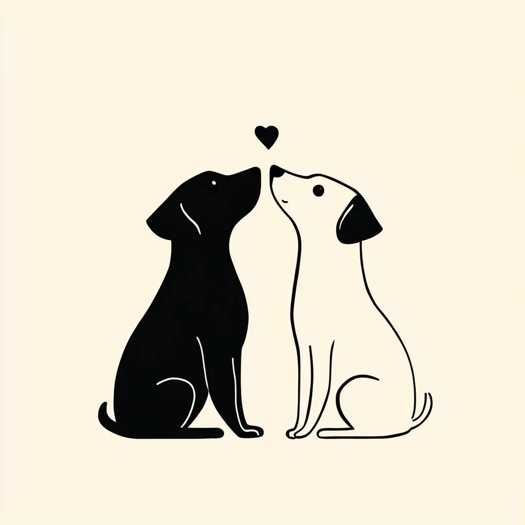 A simple illustration of two dogs, one black and one white, sitting facing each other and appearing to nuzzle.  A small heart floats above them.  The dogs are depicted in a minimalist style with bold outlines against a cream background, suggesting a loving and affectionate relationship.