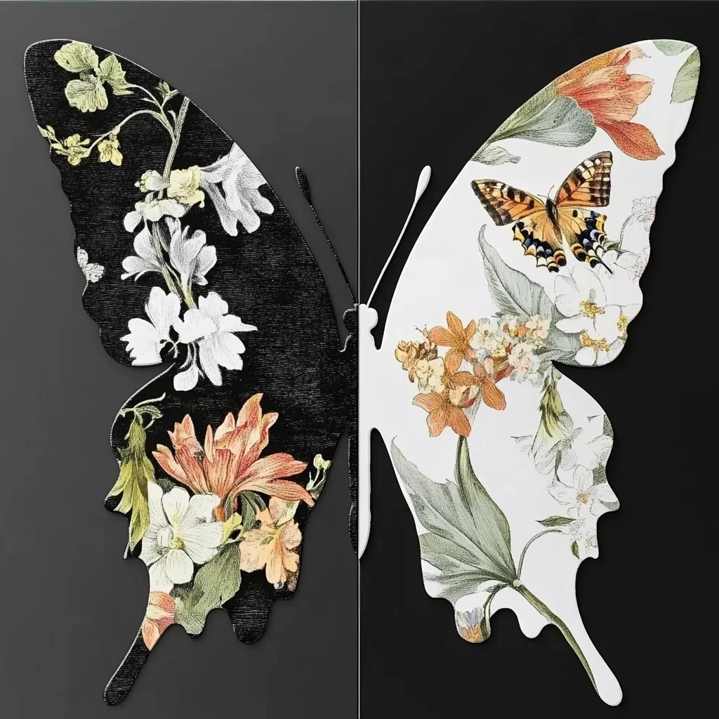 A striking diptych features a large butterfly, bisected down the middle. One half is rendered in black and white, showcasing delicate floral illustrations in a stark, monochromatic palette. The other half explodes with vibrant color, displaying the same flowers but in a rich, warm color scheme. A smaller butterfly rests centrally on the colored wing, adding a focal point to the already captivating artwork. The contrast between light and dark, color and monochrome, creates a visually stunning piece.