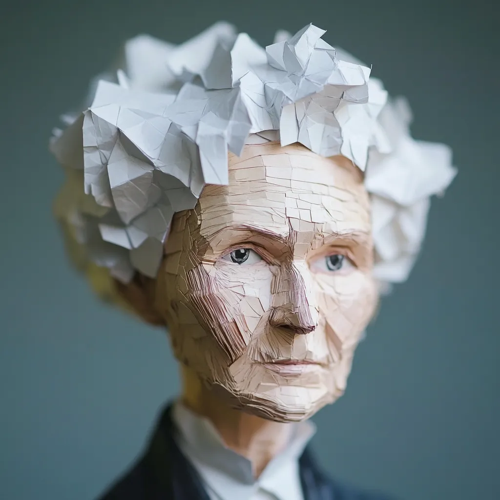 A meticulously crafted paper sculpture depicts an elderly woman.  Her face, rendered in textured, layered paper, shows detailed wrinkles and expressive eyes.  Her hair, a voluminous cloud of crumpled white paper, contrasts with the earthy tones of her face. The sculpture's style is intricate and realistic, showcasing the artist's skill in manipulating paper to create a three-dimensional portrait.