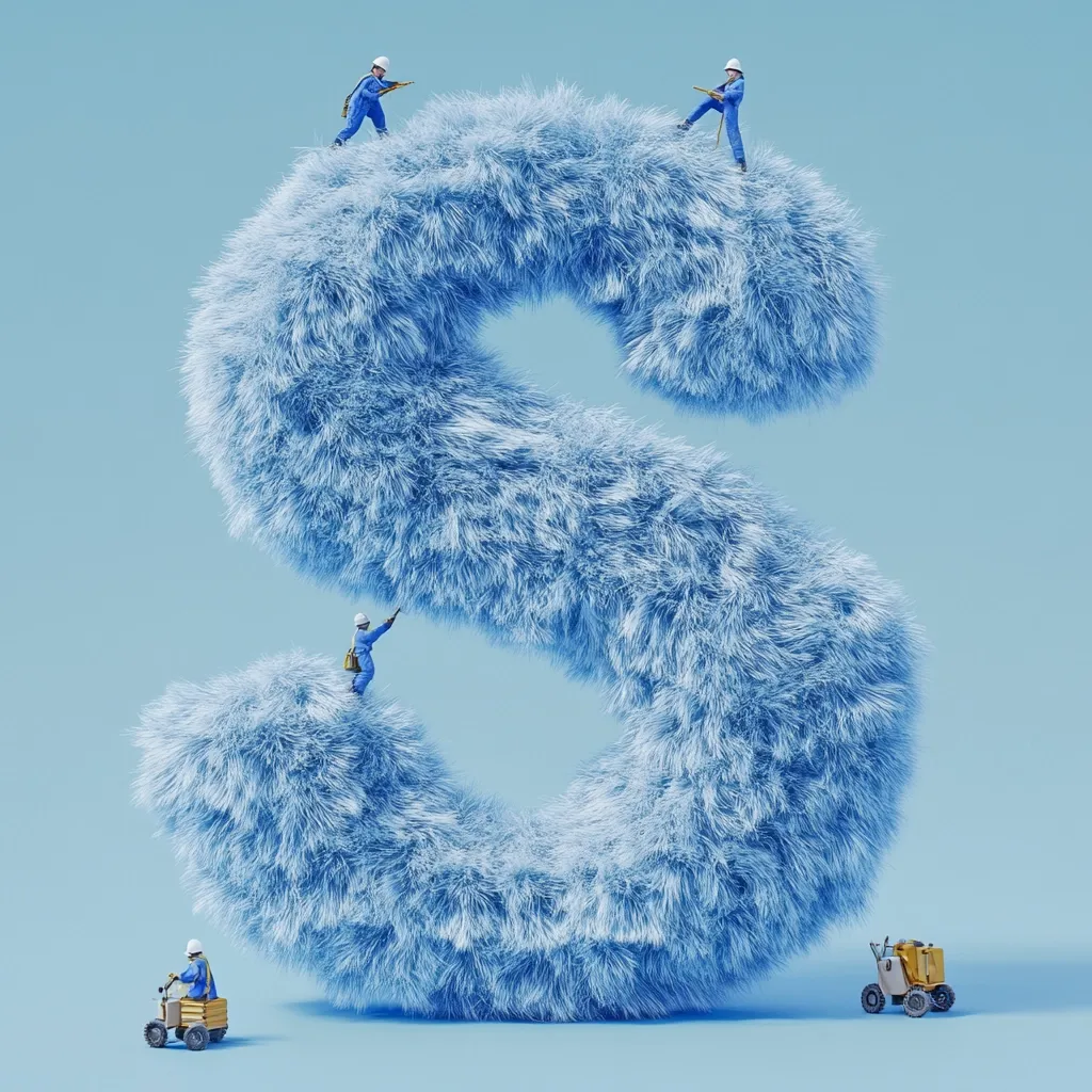 A large, fluffy, light-blue letter 'S' is the central focus, seemingly made of fur. Miniature figures in blue overalls and white hard hats are positioned atop the 'S', appearing to work on or maintain it.  Two are at the top, one on the bottom curve, and one to the side, with a small vehicle near each end. The scene is set against a solid light-blue background.