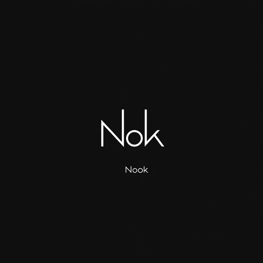 The image shows a minimalist logo design for "Nook".  The word "Nook" is displayed in a stylized, interconnected font in white against a solid black background. Below the logo, the word "Nook" is written in a standard font. The overall design is clean, modern, and simple.