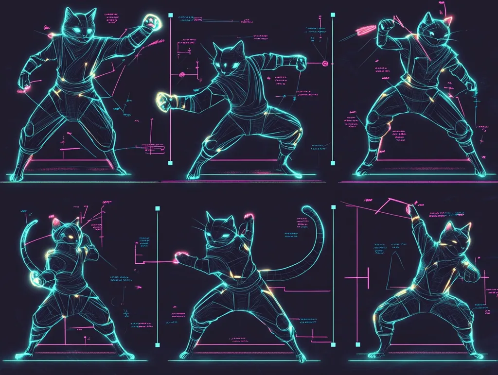 Six stylized illustrations depict anthropomorphic cats in various martial arts poses, rendered in glowing neon teal and pink lines against a dark background.  Each feline figure is overlaid with technical diagrams and annotations, suggesting a digital or holographic projection. The poses showcase dynamic movement and combat stances, creating a visually striking and futuristic aesthetic.