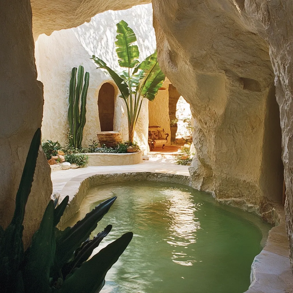 A tranquil oasis nestled within a cave.  A calm, green pool is the centerpiece, surrounded by carved stone walls and lush tropical plants, including a banana tree and cacti.  The natural light filters through openings in the rock, illuminating the peaceful and secluded atmosphere.  A glimpse of an ornate chair hints at luxurious comfort within this unique, cave-like dwelling.