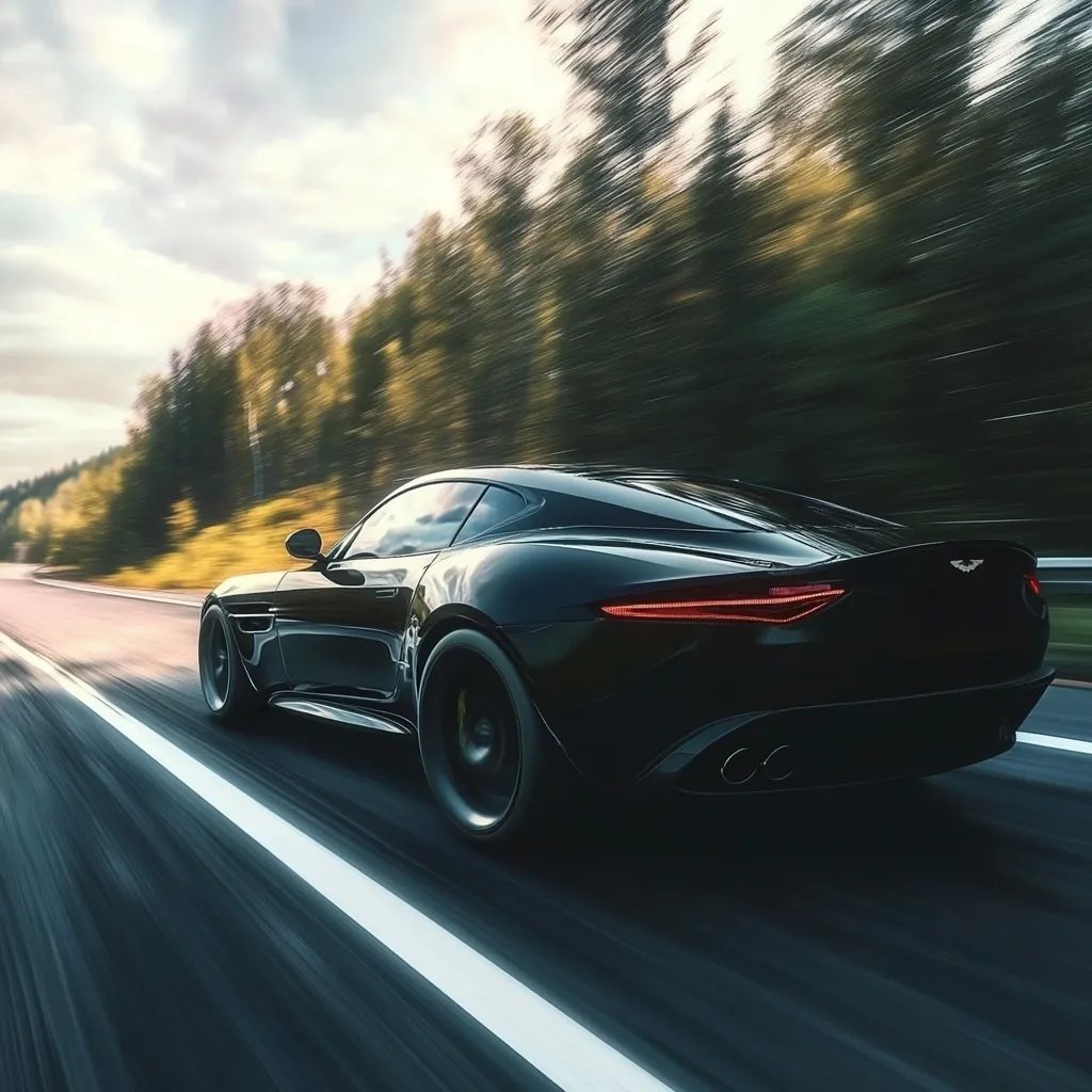 A sleek, black sports car speeds down a highway, leaving a motion blur trail behind.  The car's rear is prominently displayed, showcasing its design features and dual exhaust pipes.  Surrounding the vehicle is a lush, green forest, with the sun partially visible in the sky, creating a dynamic and captivating scene.  The image emphasizes speed and luxury.