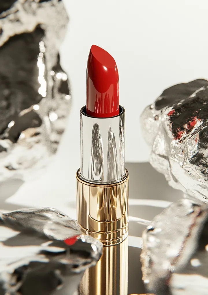 A tube of red lipstick stands upright against a backdrop of crumpled silver foil. The lipstick's casing is gold and silver, reflecting the light. The vibrant red of the lipstick contrasts sharply with the metallic grey of the foil, creating a visually striking image. The overall aesthetic is one of luxury and sophistication.