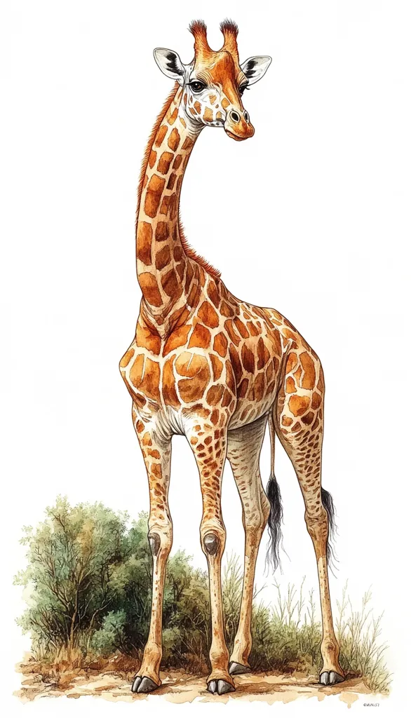 A watercolor painting showcases a giraffe standing in profile, its long neck elegantly curved. The giraffe's coat is a rich blend of orange and brown, marked by its characteristic spotted pattern.  The animal's slender legs and dark tail are clearly depicted, as is the sparse, dry vegetation at its feet, suggesting a savanna habitat. The background is stark white, highlighting the giraffe.