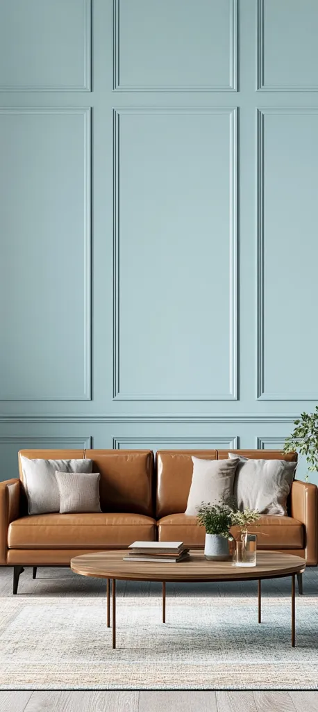 A tan leather sofa sits against a pale blue wall with detailed paneling.  The sofa is adorned with neutral-toned throw pillows.  A round wooden coffee table with a bronze metal base rests in front of the sofa, holding a stack of books and small plants.  A light-colored rug anchors the seating area.  A small potted plant is visible in the corner. The overall aesthetic is calm and sophisticated.