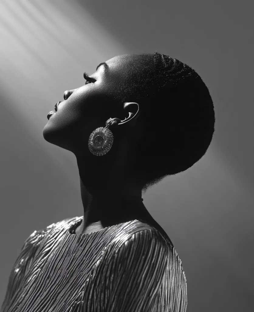 A black and white, close-up portrait of a Black woman with short hair, wearing large earrings and a shimmering pleated top.  She is positioned in profile, her head tilted back, gazing upward towards a light source creating dramatic rays. The image is stark and elegant, emphasizing the model's strong features and graceful posture.  The lighting enhances the texture of her clothing and skin.