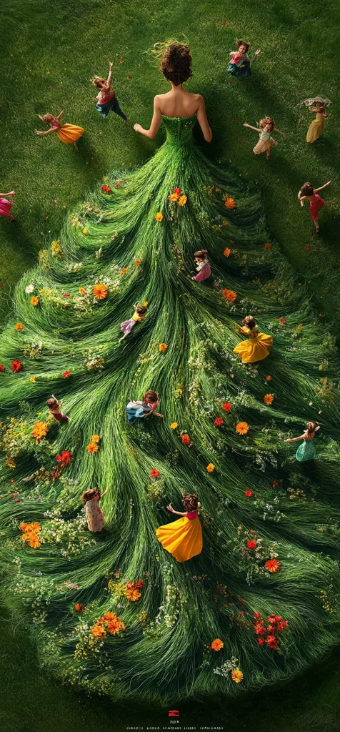 A woman in a flowing green dress made of grass and wildflowers stands amidst a field of children. The dress cascades around her, resembling a verdant waterfall. Small figures in colorful dresses playfully scatter across the vibrant green landscape, creating a whimsical and enchanting scene. The overall image is vibrant, surreal, and full of life.