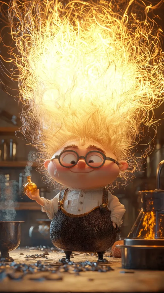 A charming, chubby, cartoon alchemist with wildly glowing blonde hair holds a glowing potion. He wears glasses and overalls, standing in a dimly lit workshop strewn with metallic shavings.  The scene is rich with atmospheric detail, suggesting a magical, whimsical experiment in progress. The alchemist's joyful expression adds to the scene's playful energy.