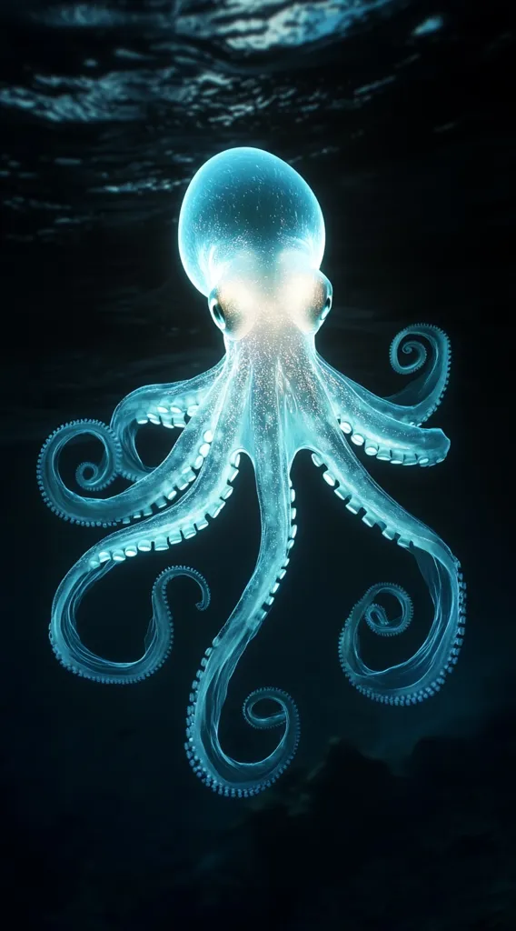 A translucent, bioluminescent octopus floats in the dark ocean depths.  Its eight arms, adorned with suckers, curl gracefully.  The creature's body glows with an ethereal, cyan light, contrasting sharply with the inky blackness of the surrounding water.  The image evokes a sense of mystery and wonder, highlighting the unseen beauty of the deep sea.