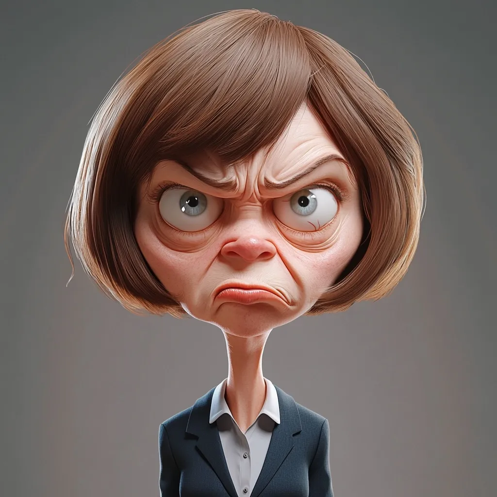 A 3D rendering of a caricatured woman with a short brown bob.  Her face is exaggeratedly expressive, showing intense anger and frustration.  Her large eyes are narrowed, her brows furrowed, and her mouth is set in a firm, disapproving line. She wears a dark business suit, adding to the stern, possibly professional, context of her furious expression. The overall style is cartoonish, yet detailed in its rendering of texture and emotion.