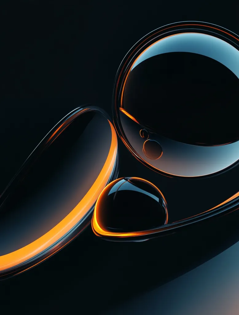 Abstract artwork featuring sleek, dark-colored spheres and curved forms.  A vibrant orange glow lines the edges of some shapes, creating a striking contrast against the deep black background.  The image suggests a sense of fluidity and movement, with the glossy surfaces reflecting light subtly.  The overall effect is modern and visually captivating.